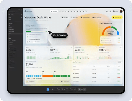 Product dashboard mockup with welcome message and analytics