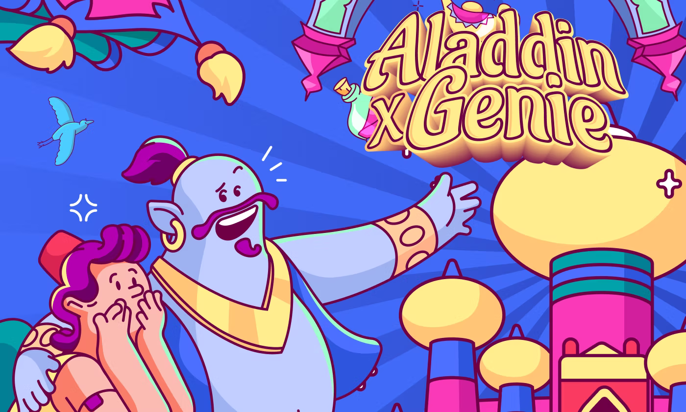 Aladdin and Genie character design illustration case study by OrbitVex.