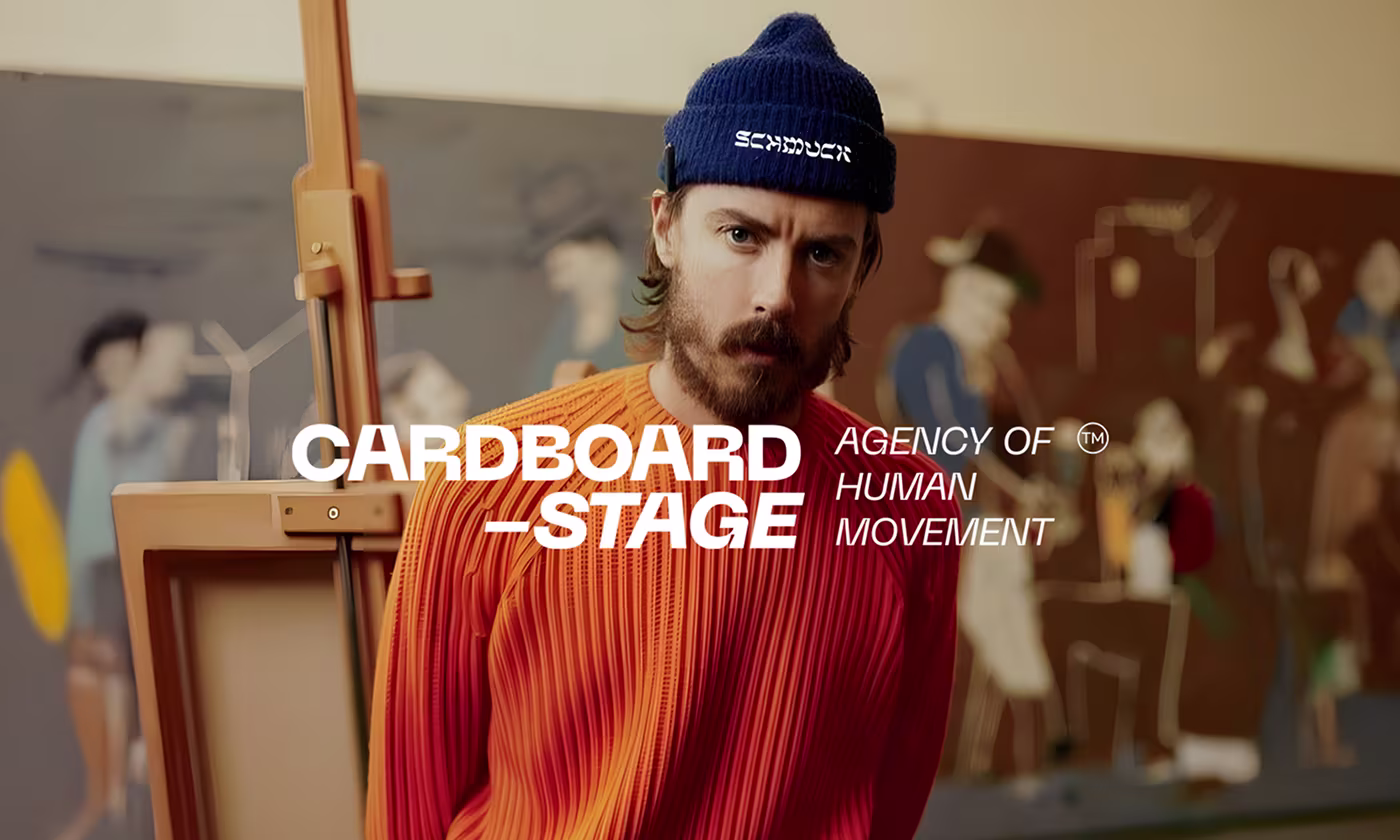 Cardboard Stage brand identity design by OrbitVex. featuring bold black, off-white, and orange visual system for human movement agency