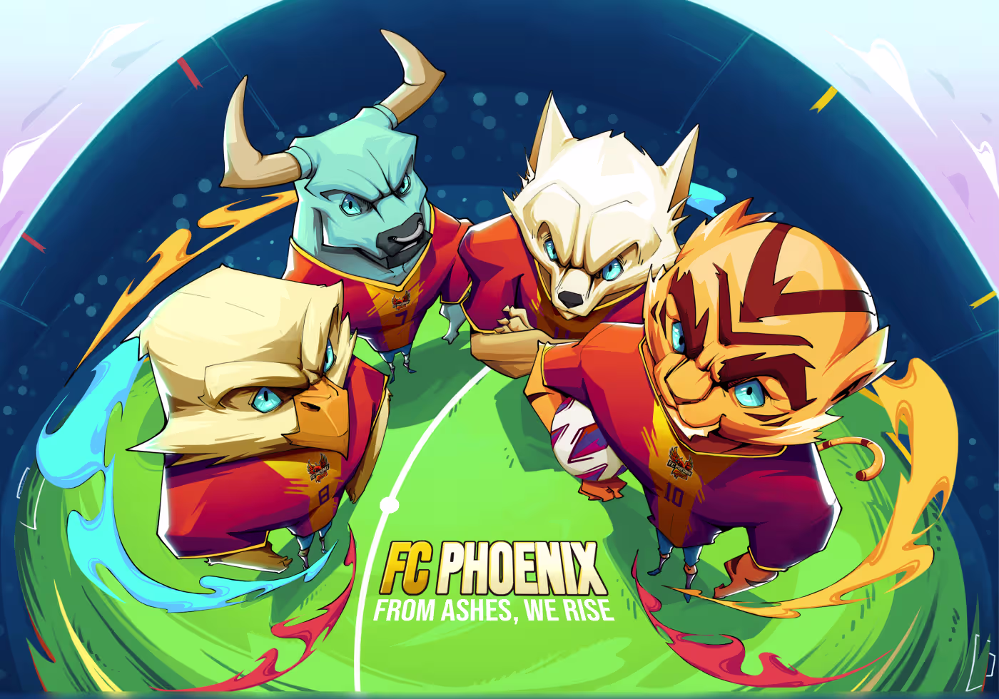 FC Phoenix Champions of the Flames animal soccer team illustration by OrbitVex. featuring anthropomorphic athletes with fire effects and high-energy sports action