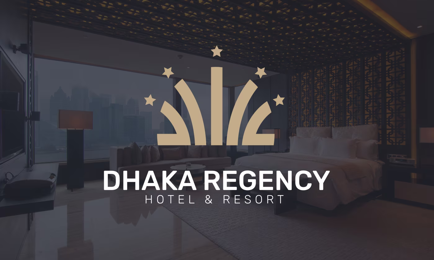 Dhaka Regency premium five-star luxury hotel brand identity redesign by OrbitVex. featuring elegant gold and black branding for Dhaka, Bangladesh