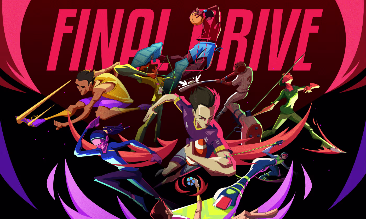 OrbitVex. Final Drive sports brand hero illustration showing athletes in explosive motion