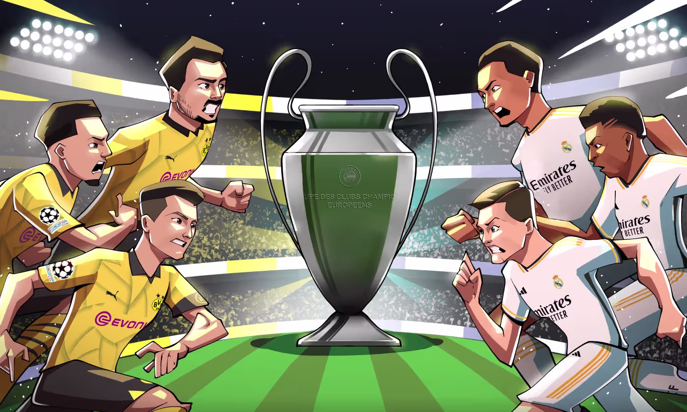 Champions League 2024 Real Madrid vs Borussia Dortmund illustration by OrbitVex. featuring comic-style King vs Challenger football poster design