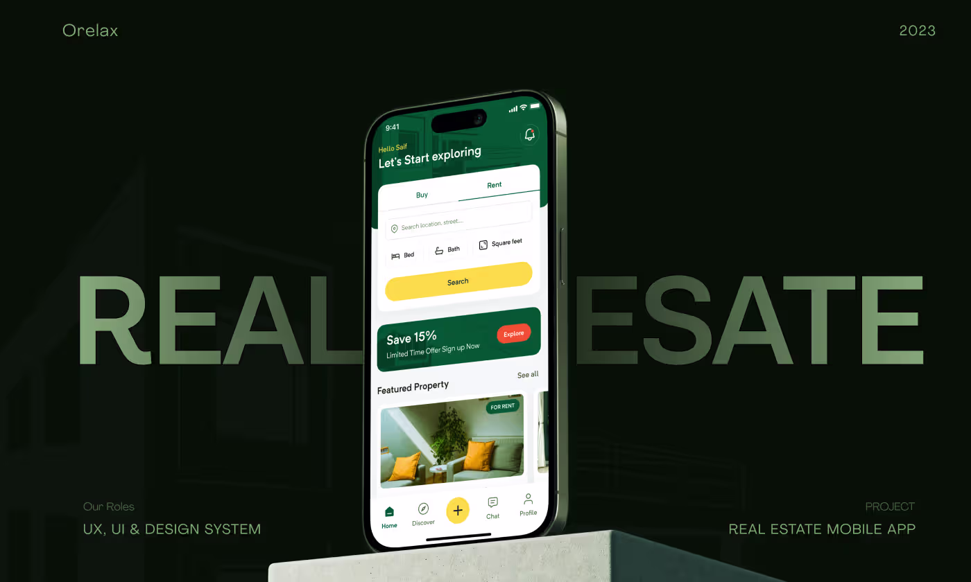 Orelax real estate app case study thumbnail by OrbitVex. showing property discovery mobile interface for simplified home search experience