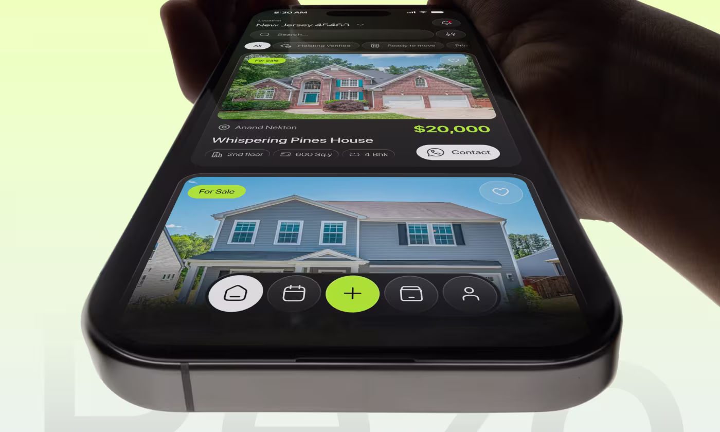 Rezo real estate app mobile UI design by OrbitVex. featuring smart property search interface for trusted home discovery