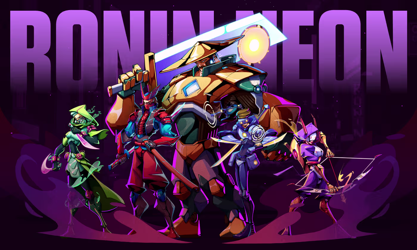Ronin Neon cyberpunk character roster designed by OrbitVex. featuring five futuristic warriors with neon glow effects and Japanese-inspired armor for gaming