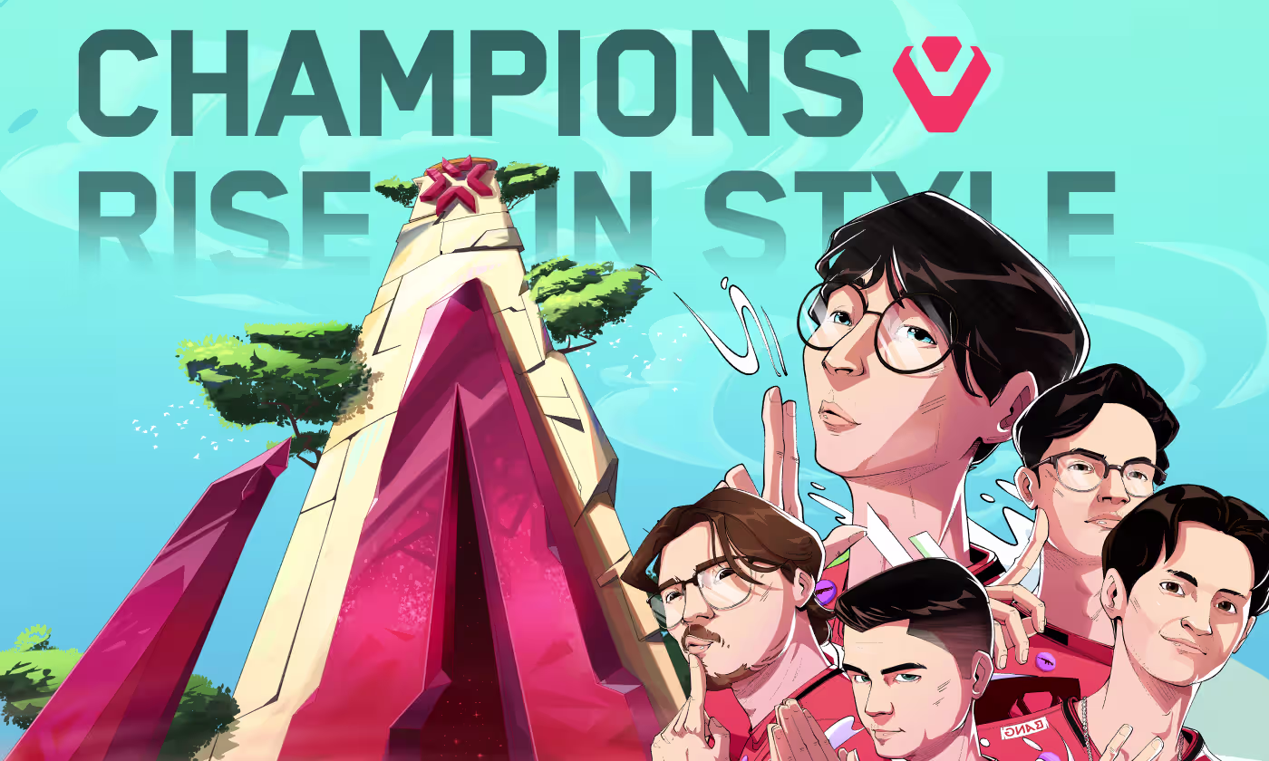 Valorant Champions Cup esports illustration designed by OrbitVex. featuring Sentinels team players in red and white with futuristic crystal arena backdrop