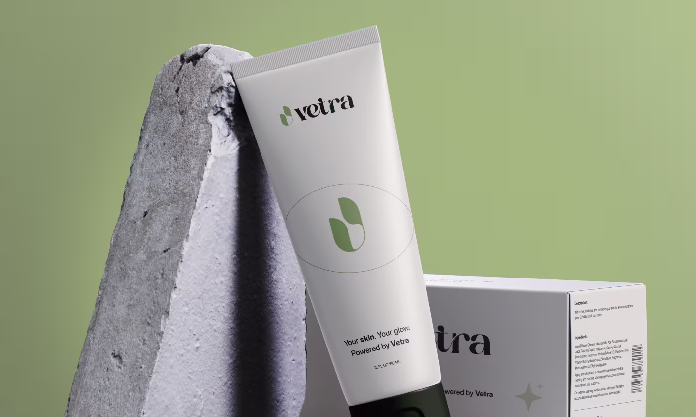 Vetra skincare brand identity design by OrbitVex. featuring clean natural leaf logo and calm earth tone packaging for simple skin care