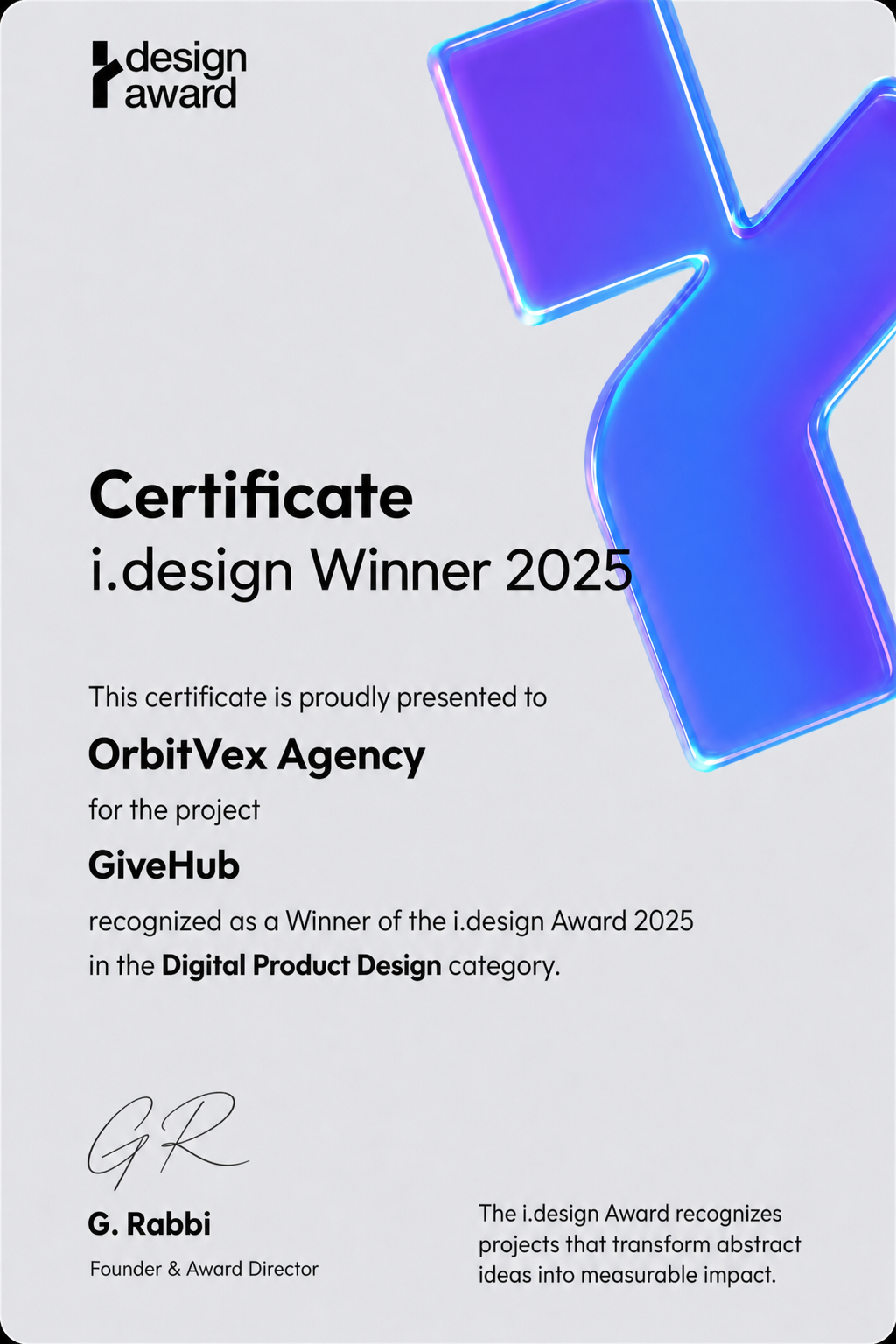 i.design Winner 2025 certificate presented to OrbitVex Agency for GiveHub