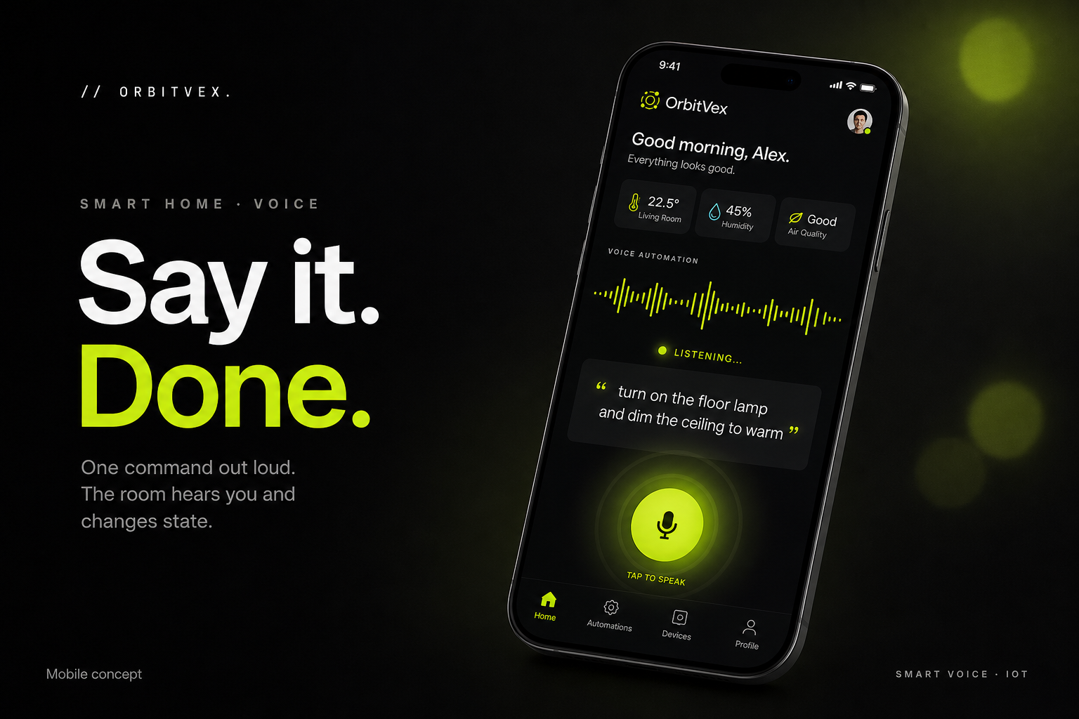 AuraHome Voice Hub: Say it. Done.. One command out loud. The room hears you and changes state. No card hunting.