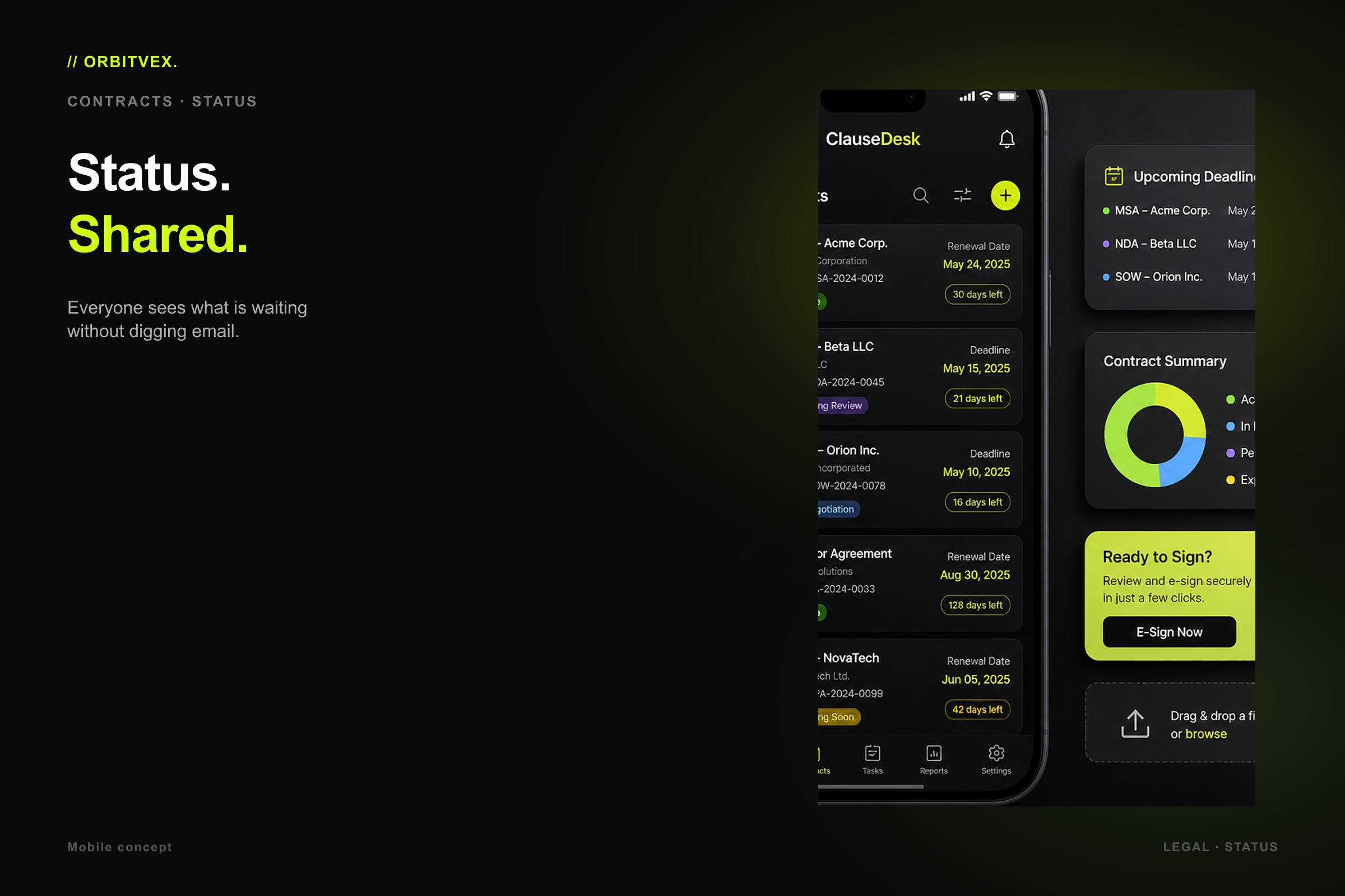 ClauseDesk Contracts: Status. Shared.. Everyone sees what is waiting without digging email.