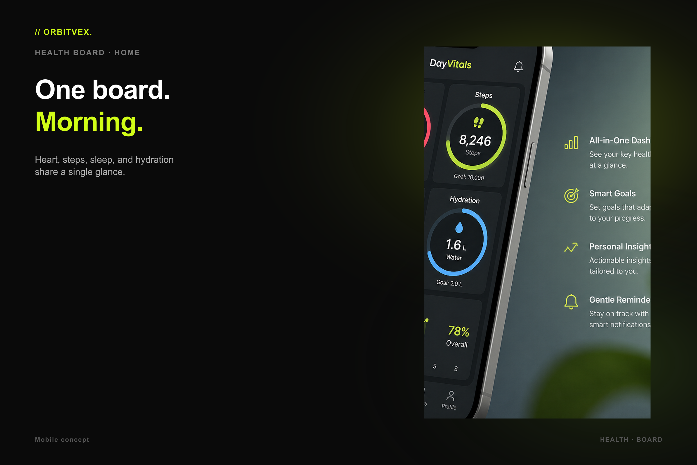DayVitals Health Board: One board. Morning.. Heart, steps, sleep, and hydration share a single glance.