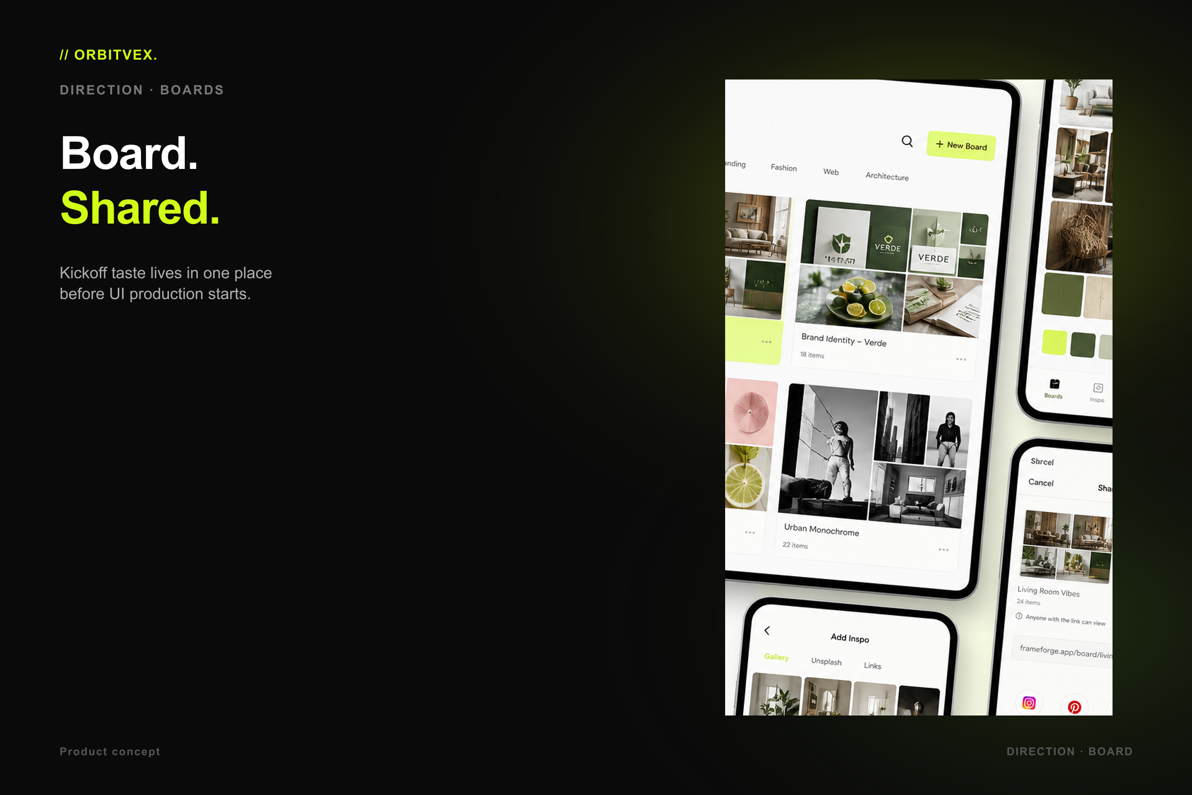 FrameForge Moodboards: Board. Shared.. Kickoff taste lives in one place before UI production starts.