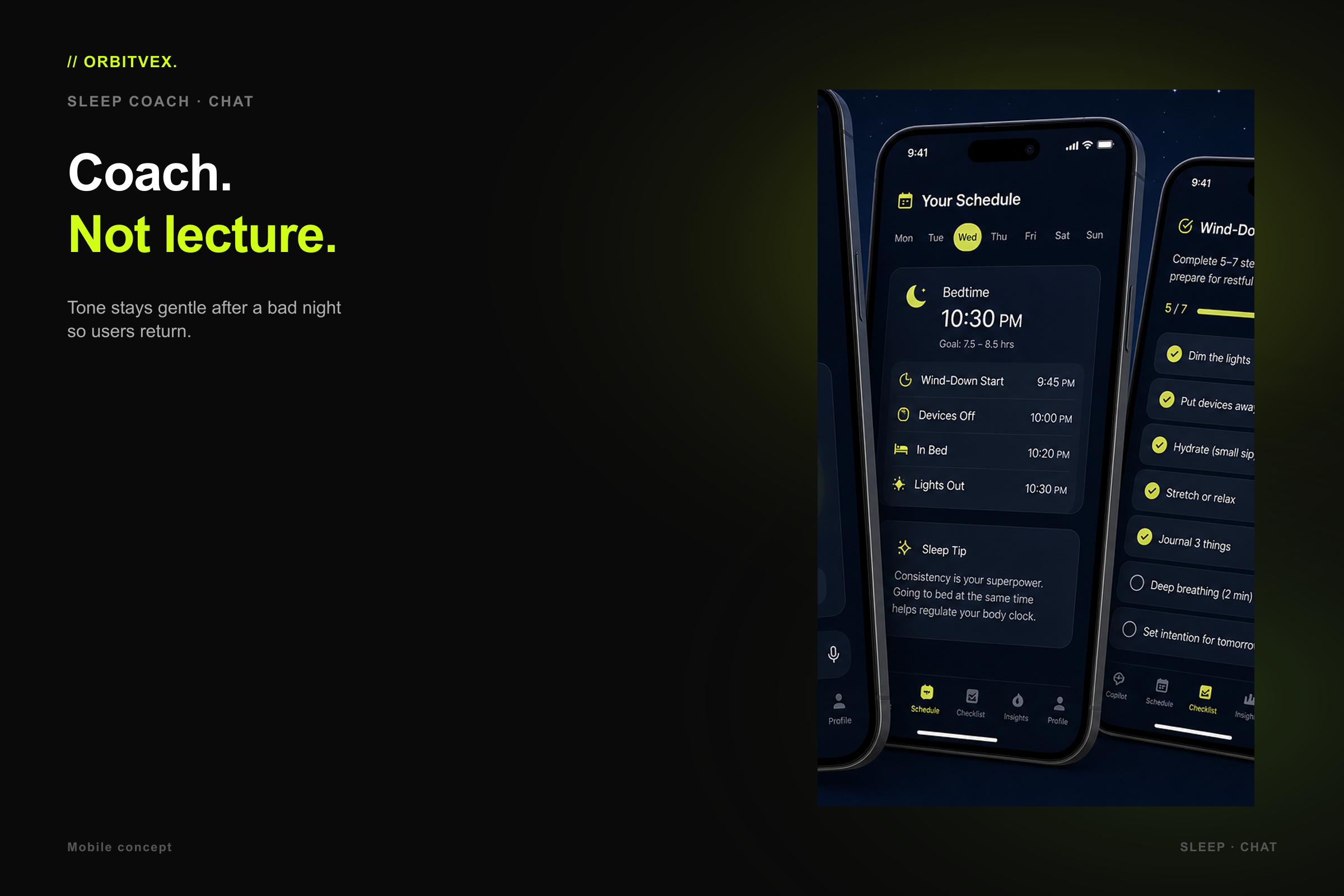 NightGuide Sleep Coach: Coach. Not lecture.. Tone stays gentle after a bad night so users return.