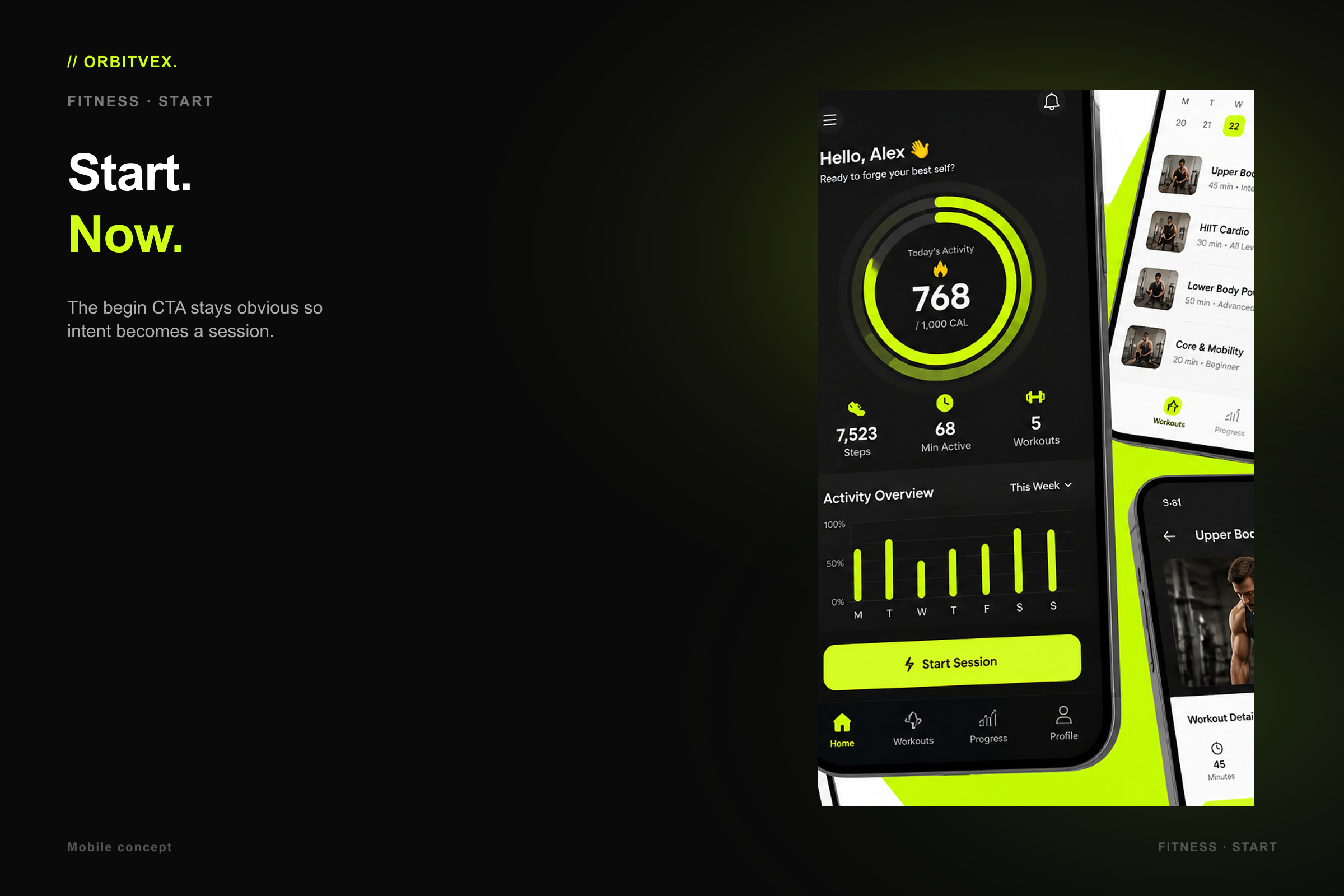 PulseForge Fitness: Start. Now.. The begin CTA stays obvious so intent becomes a session.