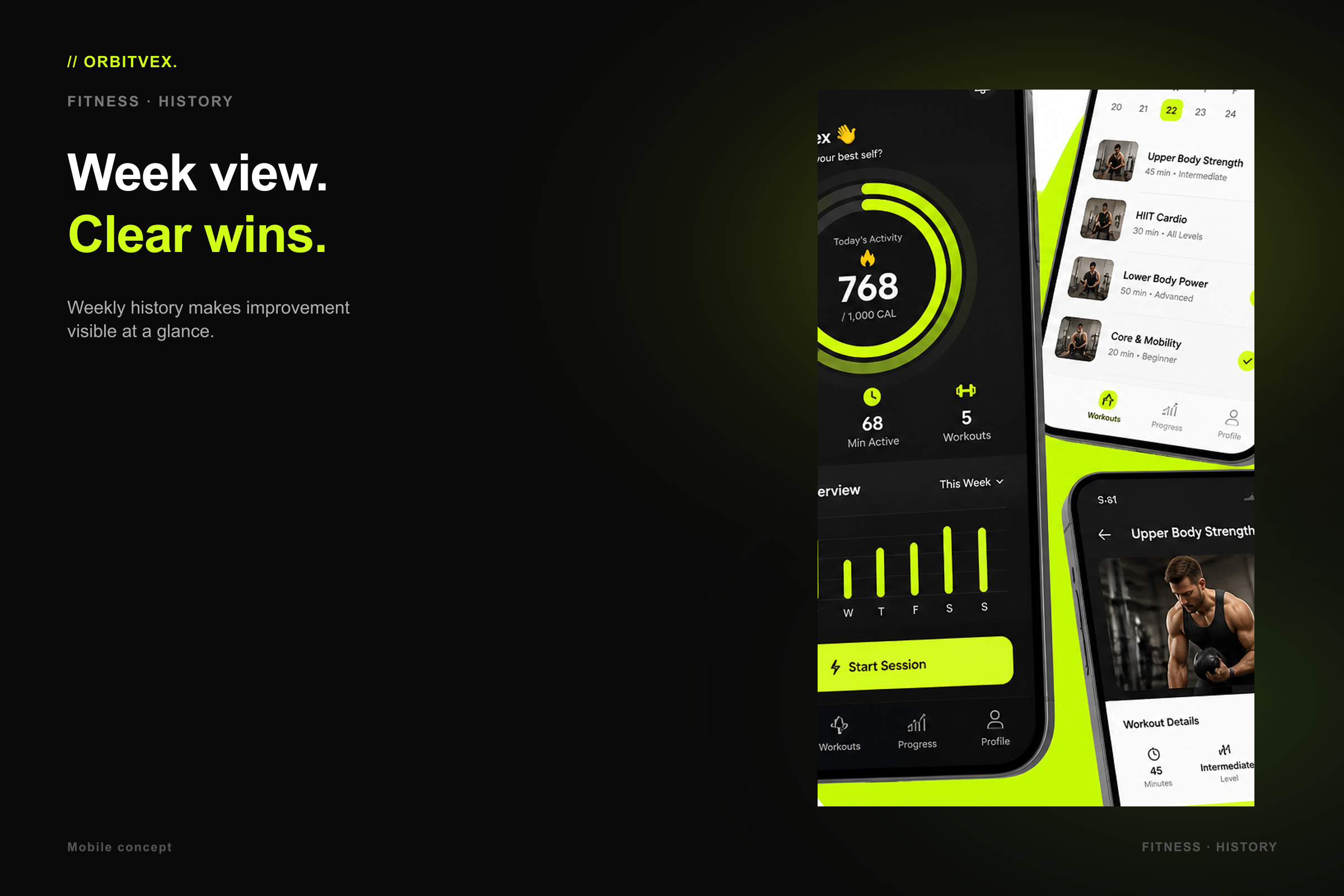PulseForge Fitness: Week view. Clear wins.. Weekly history makes improvement visible at a glance.