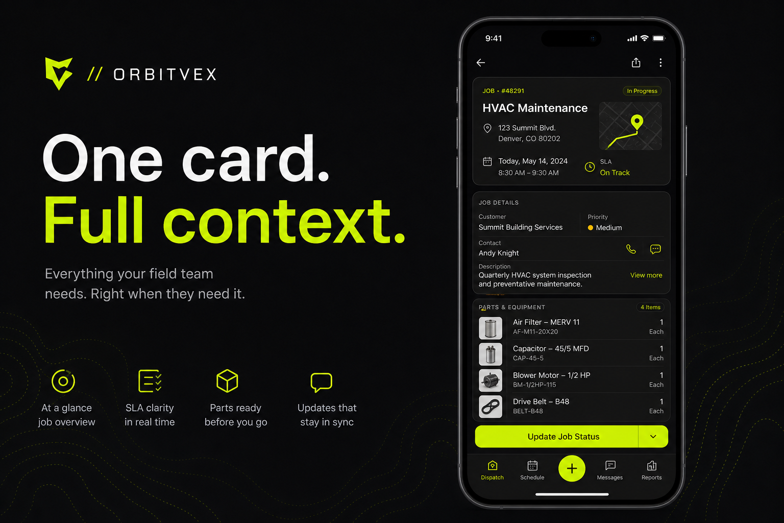 RouteForge Field Dispatch: One card. Full context.. Address, SLA, and parts land on a single job card built for gloves-on reading.
