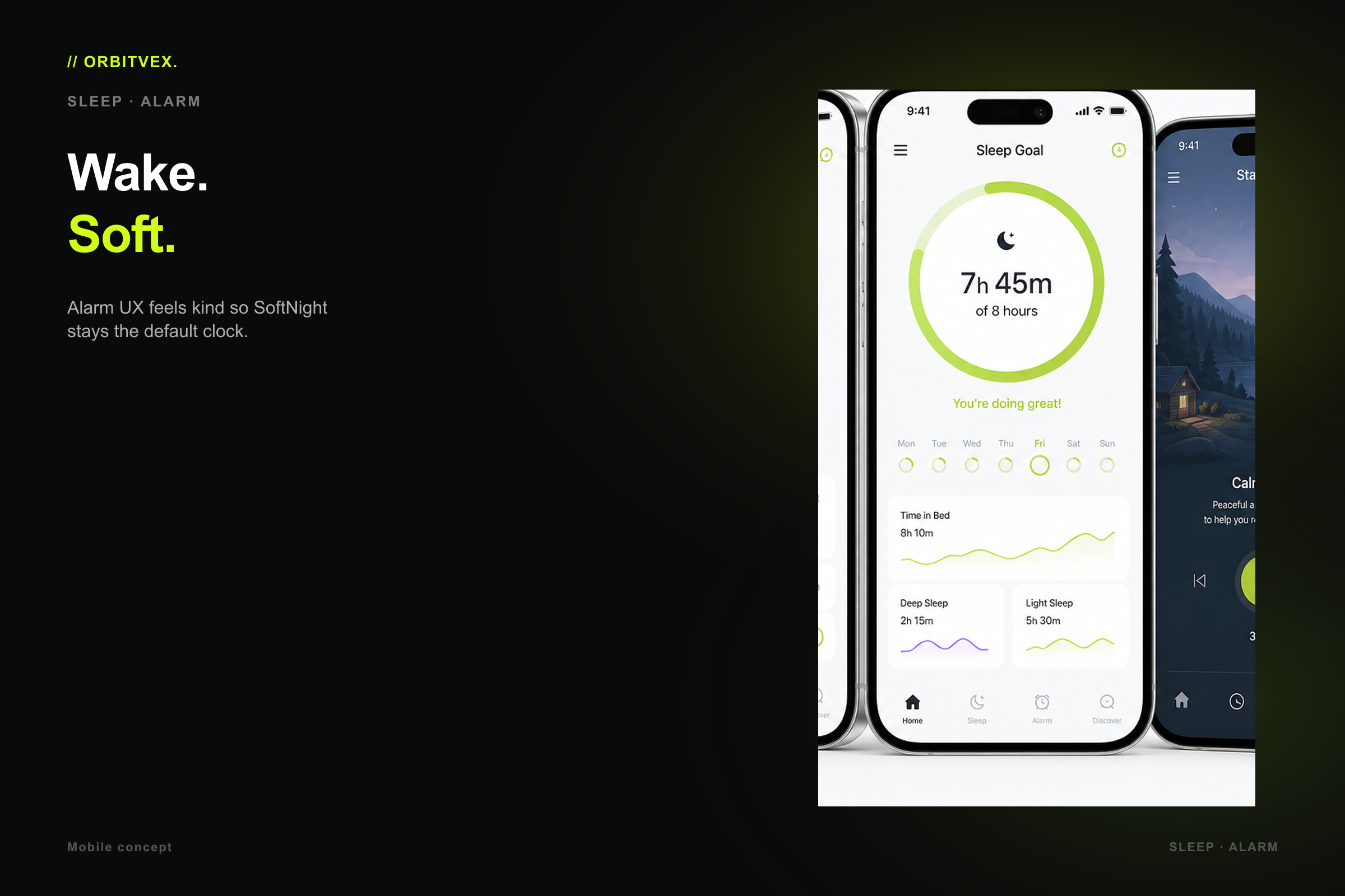 SoftNight Sleep: Wake. Soft.. Alarm UX feels kind so SoftNight stays the default clock.