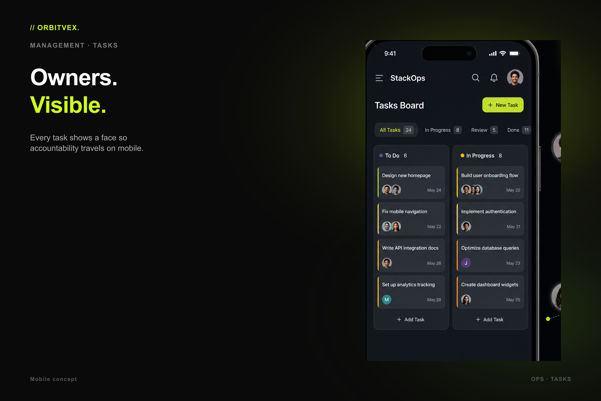 StackOps Team Manager: Owners. Visible.. Every task shows a face so accountability travels on mobile.