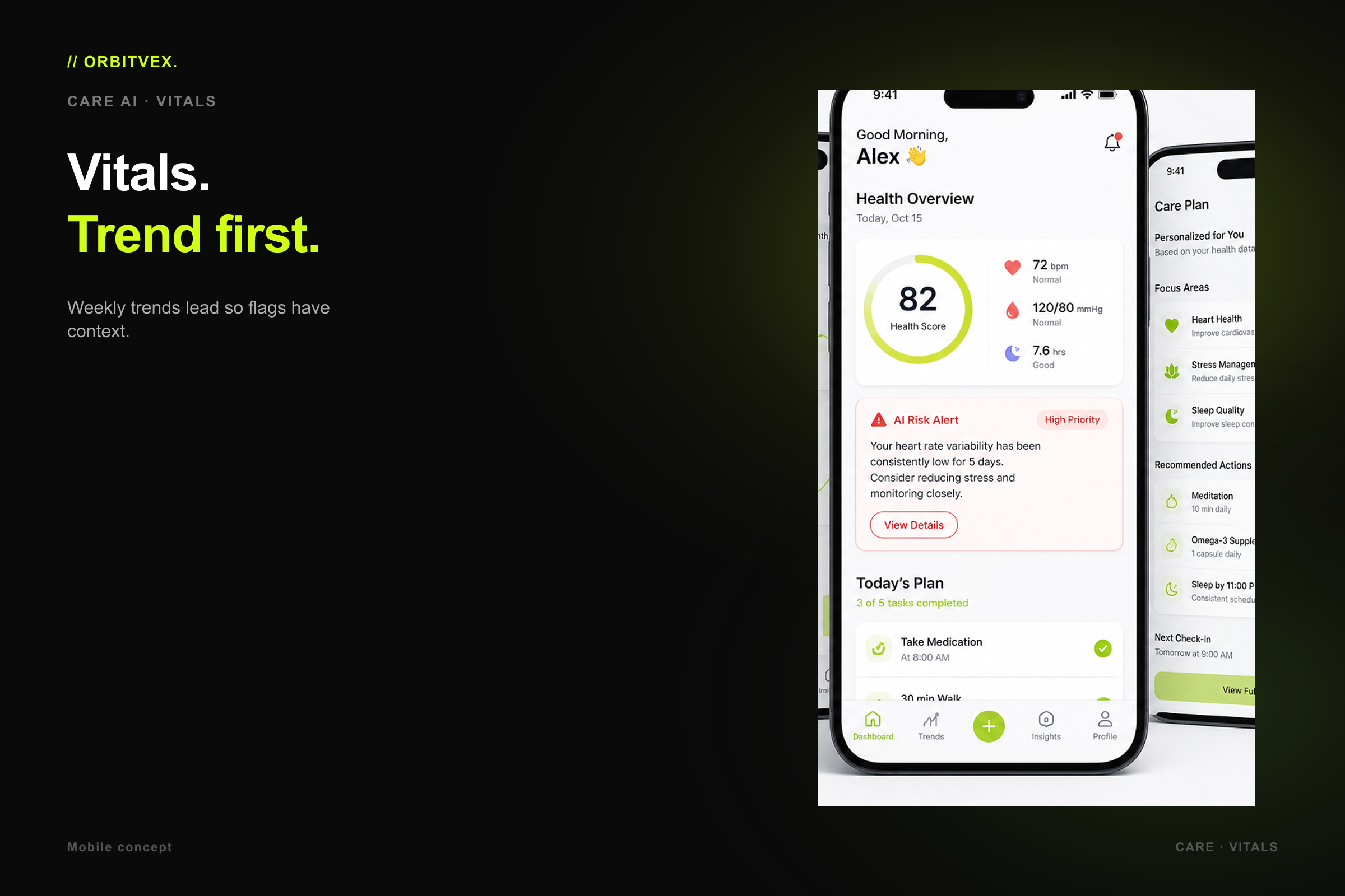 VitalGraph Care AI: Vitals. Trend first.. Weekly trends lead so flags have context.